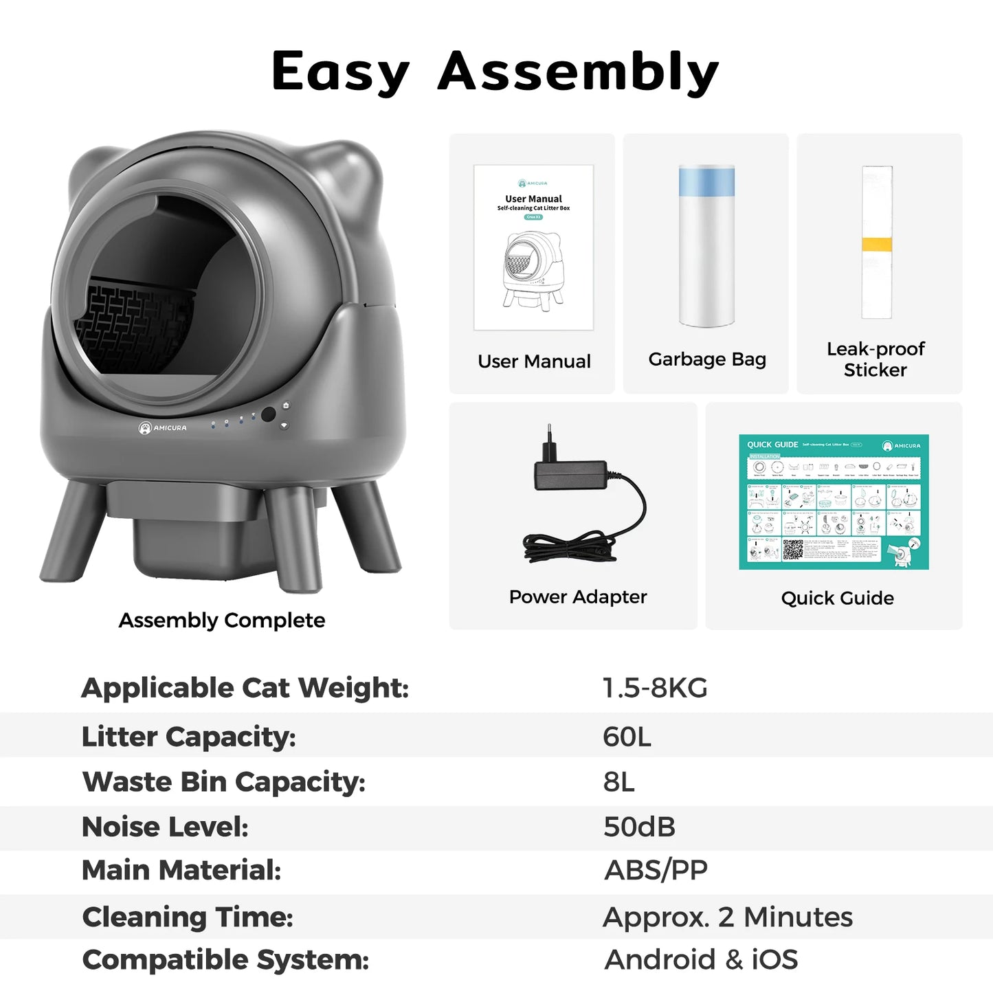 Litieră Automată Pisici Amicura Cura X1 – Smart, Auto-Curățare, Control prin App, Senzori de Siguranță, 60L Capacitate