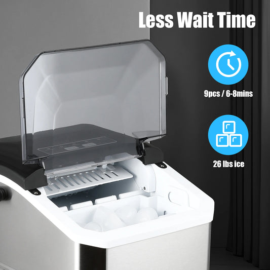 Aparat de Făcut Gheață 110W – 12KG/24H, Curățare Automată, Gheață în 6-8 Minute, 2 Mărimi Cuburi