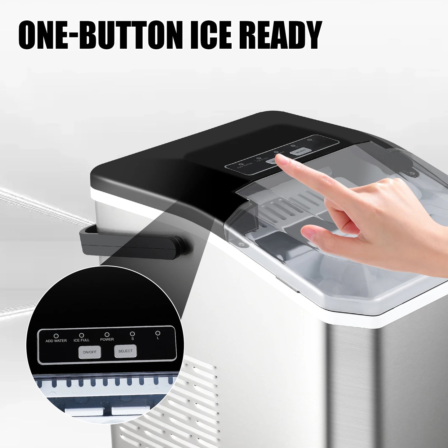 Aparat de Făcut Gheață 110W – 12KG/24H, Curățare Automată, Gheață în 6-8 Minute, 2 Mărimi Cuburi