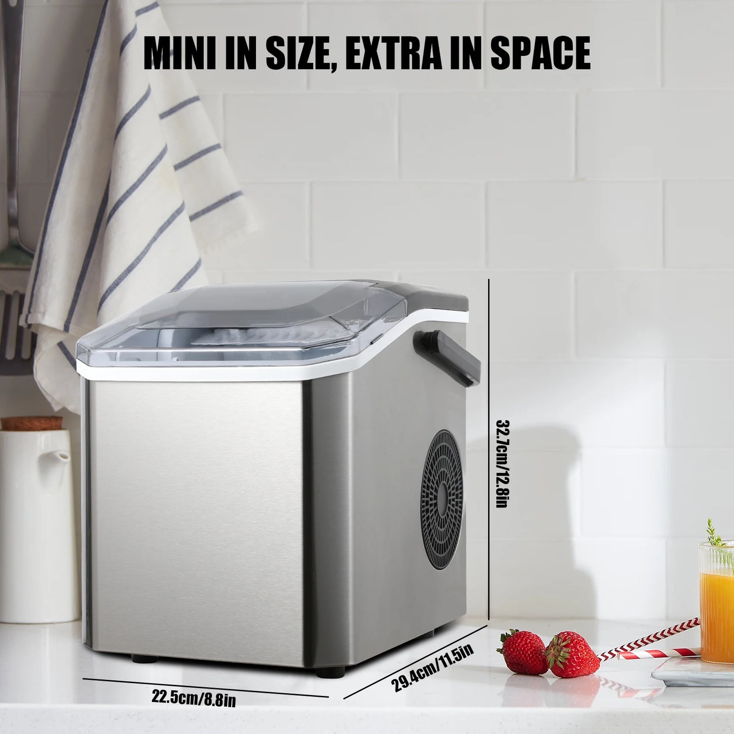 Aparat de Făcut Gheață 110W – 12KG/24H, Curățare Automată, Gheață în 6-8 Minute, 2 Mărimi Cuburi