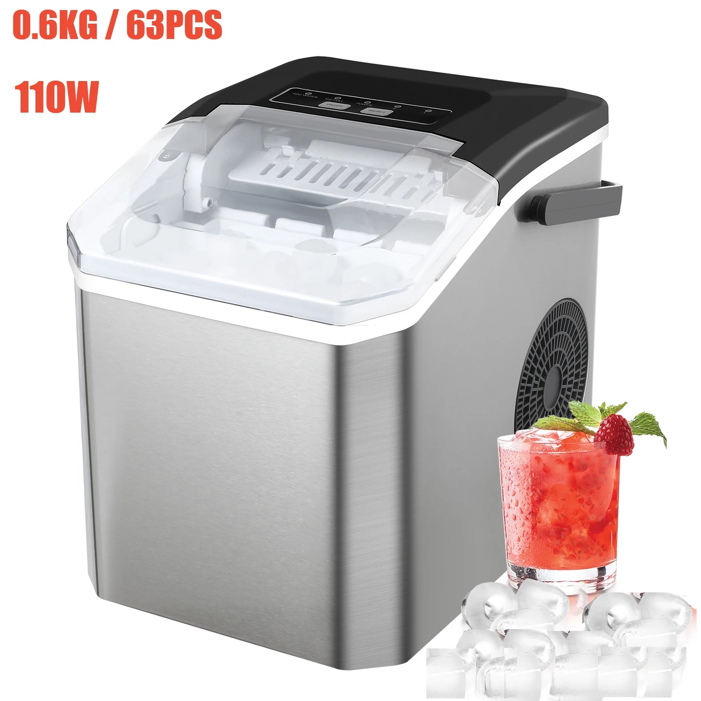 Aparat de Făcut Gheață 110W – 12KG/24H, Curățare Automată, Gheață în 6-8 Minute, 2 Mărimi Cuburi