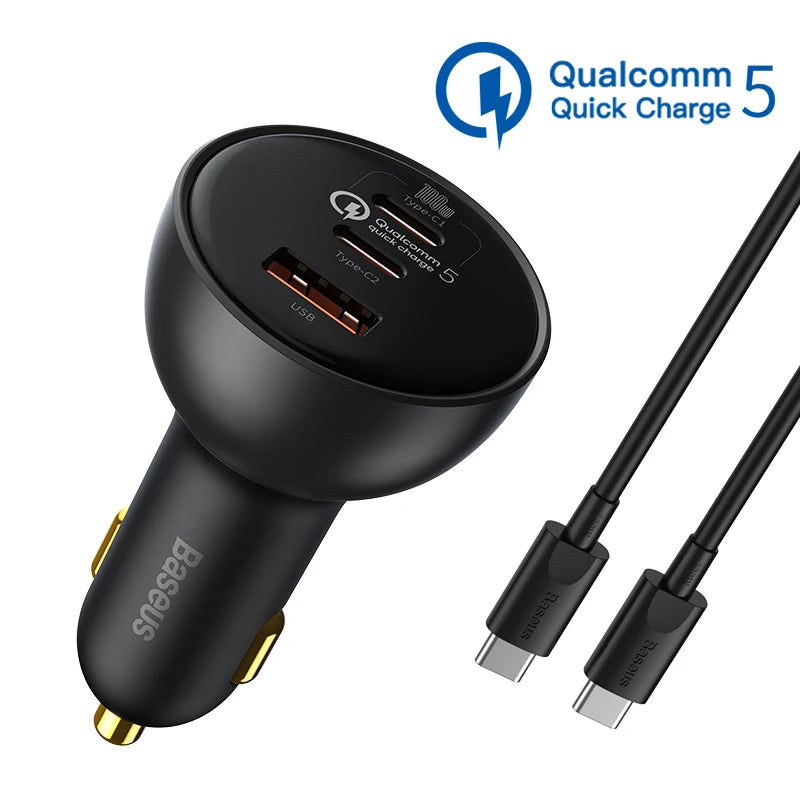 Încărcător Auto Baseus QC5 160W – Tehnologie Qualcomm Quick Charge 5, 3 Porturi (2xUSB-C + 1xUSB), Fast Charging Laptop & Smartphone