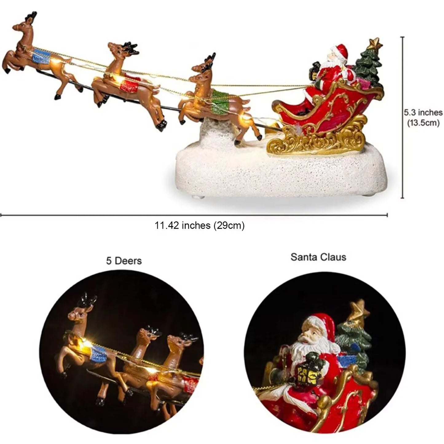 Figurină Santa Claus cu Sanie, Reni, Lumină LED și Muzică – Decorațiune de Crăciun 29 cm