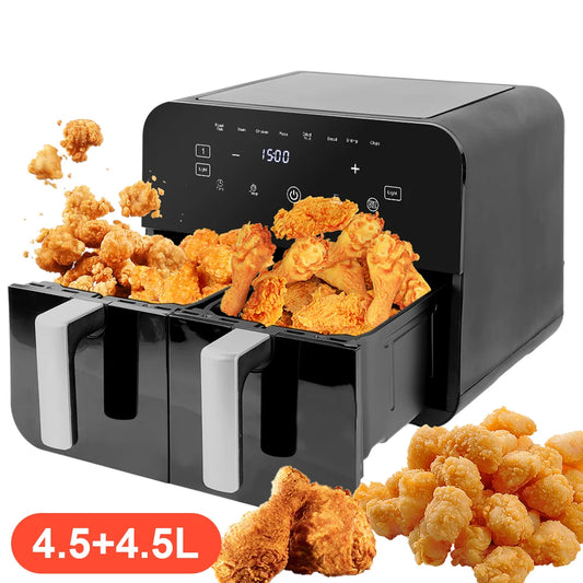 Air Fryer Dual Zone 9L, 2400W, 2 Compartimente 4.5L + 4.5L, Display LED Tactil, 8 Programe de Gătire, Gătit Rapid și Sănătos
