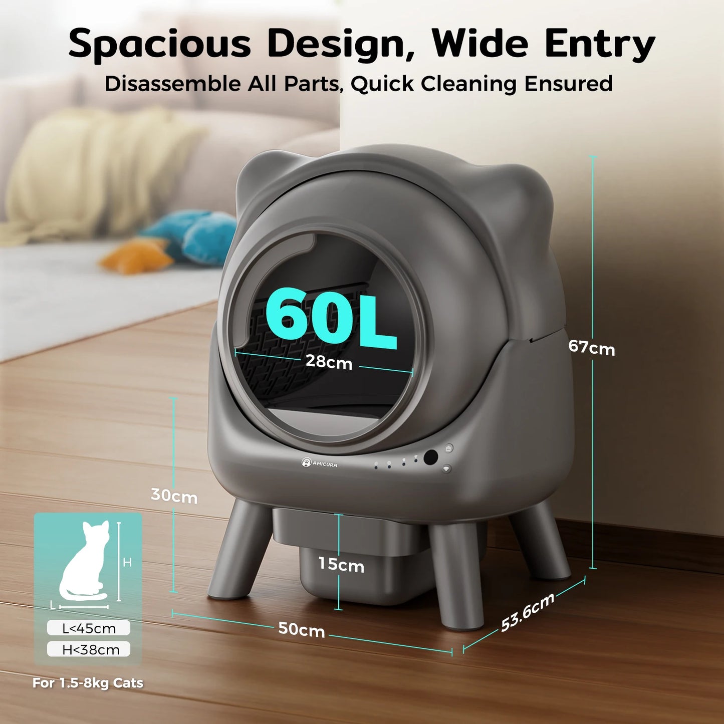 Litieră Automată Pisici Amicura Cura X1 – Smart, Auto-Curățare, Control prin App, Senzori de Siguranță, 60L Capacitate