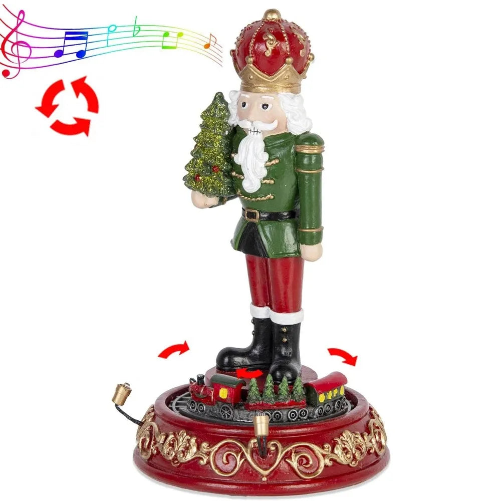 Nutcracker Muzical cu LED & Tren Rotativ – Figurina Decorativă Premium de Crăciun, 20 cm