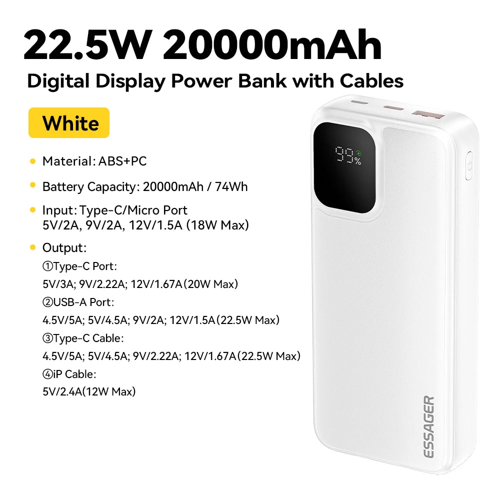 Power Bank ESSAGER 20000mAh, Fast Charging 22.5W, Display Digital, Cablu Dual Integrat, 4 Porturi