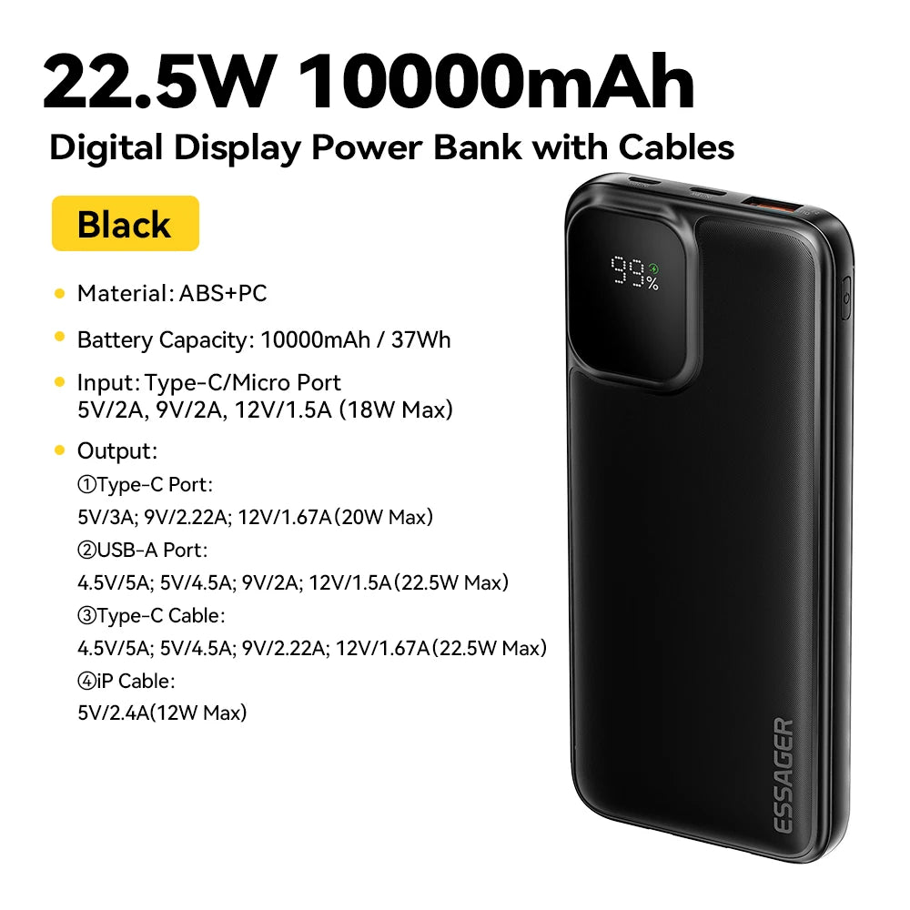 Power Bank ESSAGER 20000mAh, Fast Charging 22.5W, Display Digital, Cablu Dual Integrat, 4 Porturi