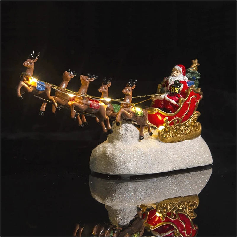 Figurină Santa Claus cu Sanie, Reni, Lumină LED și Muzică – Decorațiune de Crăciun 29 cm