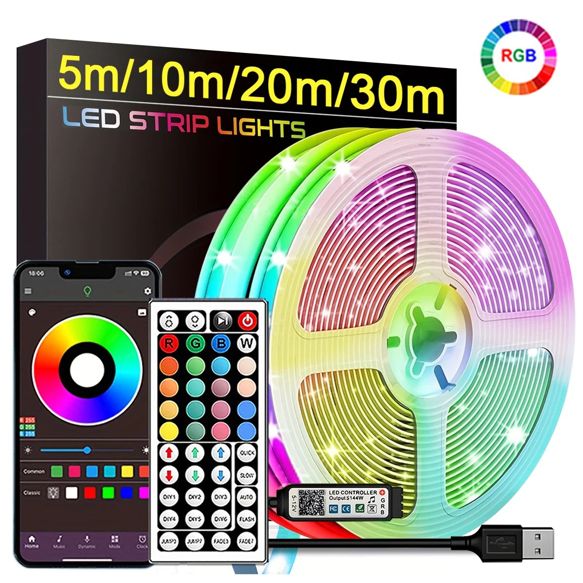 Bandă LED RGB SMART cu Control APP & Telecomandă 44 Key – 0.5m până la 30m – Iluminat Inteligent pentru Cameră & Gaming