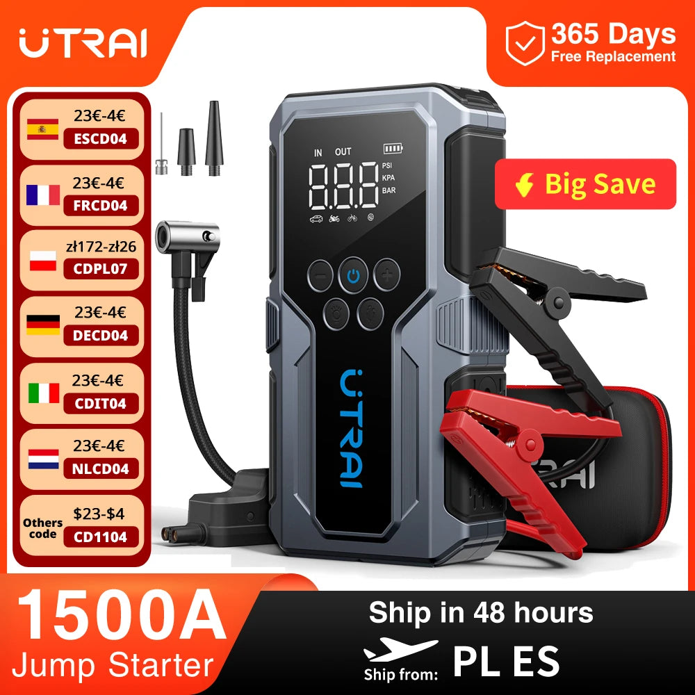UTRAI JS-9 – Jump Starter Auto 1500A cu Compresor 150PSI, Power Bank & Lanternă LED – 4 în 1