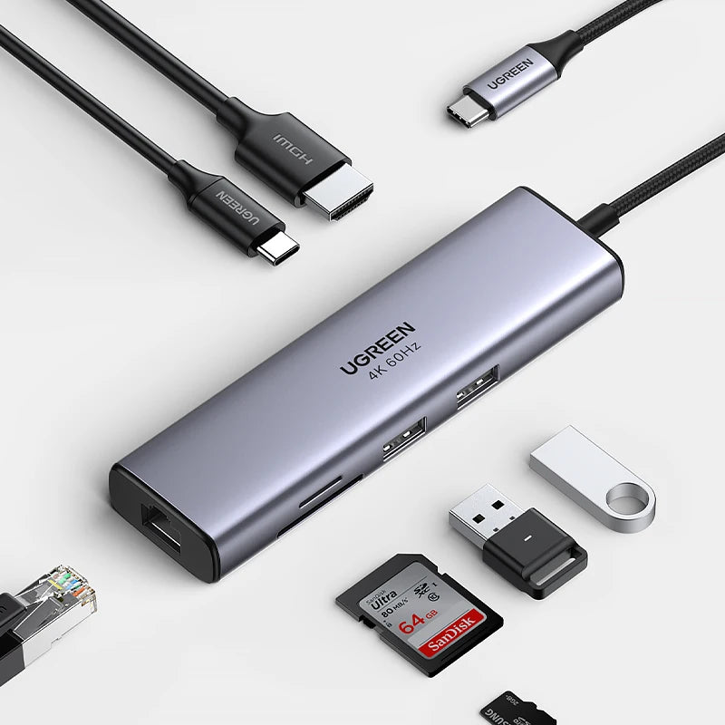 Hub USB-C 7-în-1 cu HDMI 4K 60Hz, RJ45, SD/TF, USB 3.0 și Încărcare Rapidă 100W