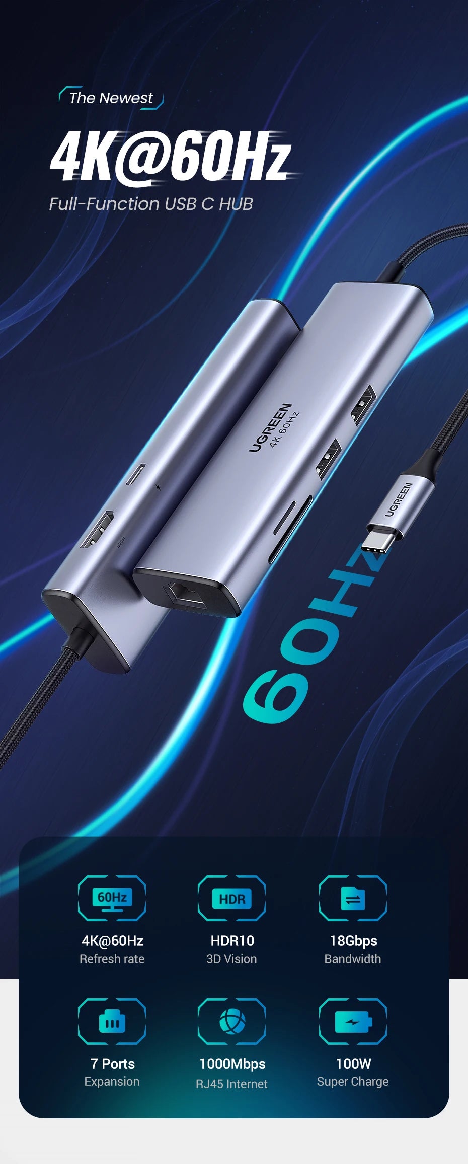 Hub USB-C 7-în-1 cu HDMI 4K 60Hz, RJ45, SD/TF, USB 3.0 și Încărcare Rapidă 100W