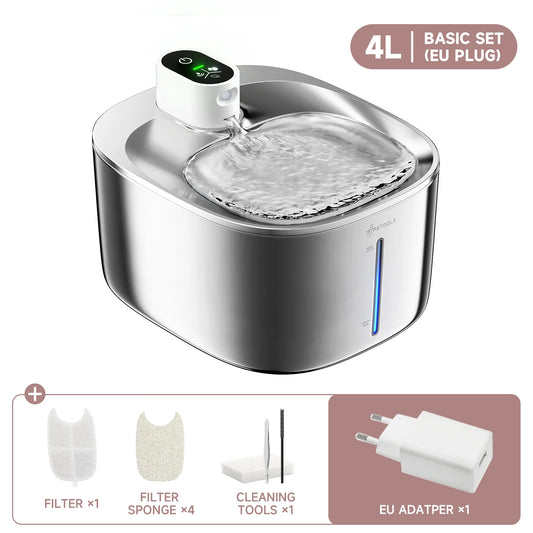 Fântână Apă Pisici 4L Inox 🐾 Wireless & Ultra-Silent – Apă Curată și Proaspătă Oricând
