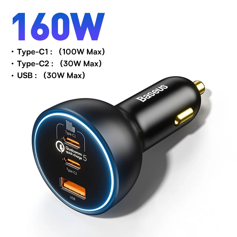 Încărcător Auto Baseus QC5 160W – Tehnologie Qualcomm Quick Charge 5, 3 Porturi (2xUSB-C + 1xUSB), Fast Charging Laptop & Smartphone