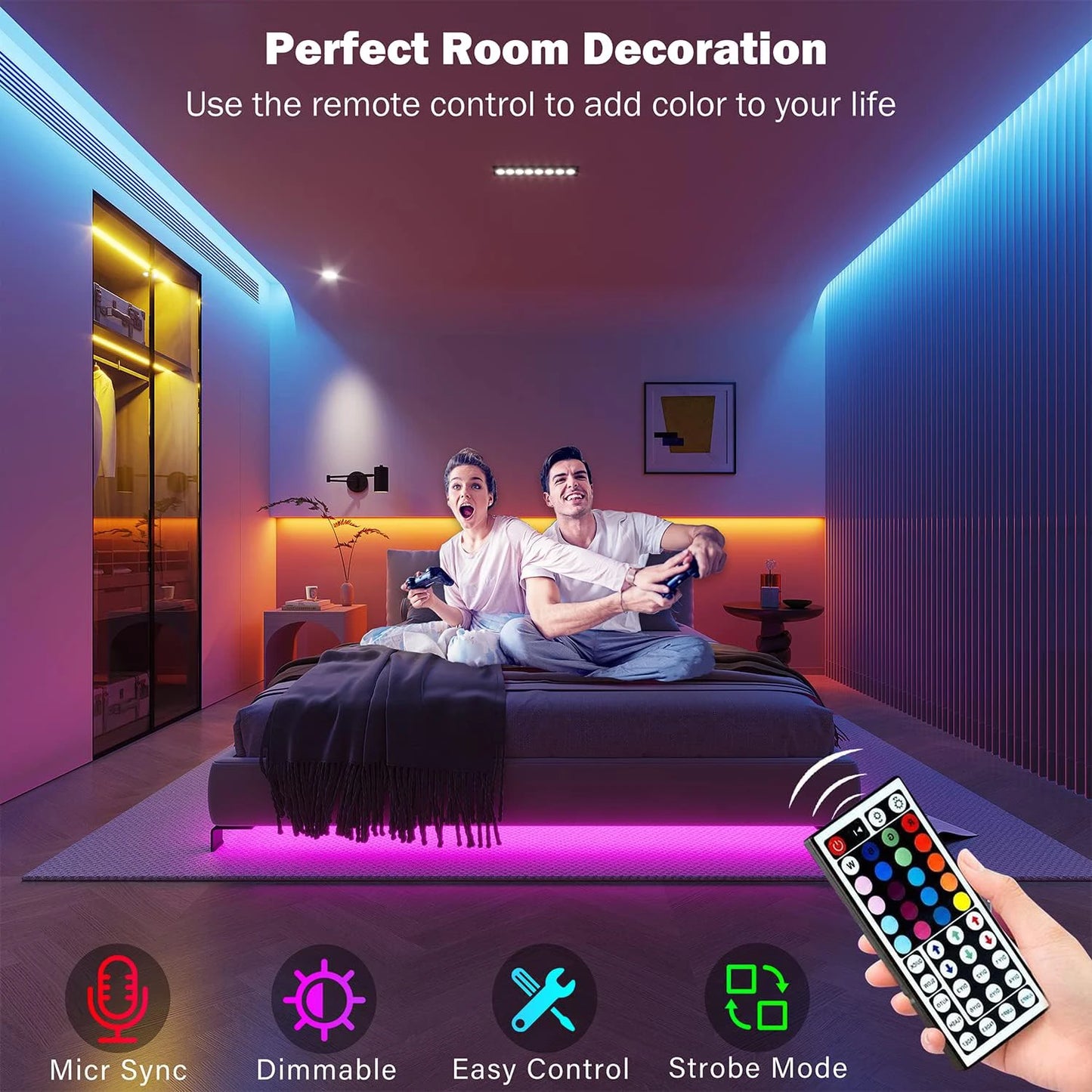 Bandă LED RGB SMART cu Control APP & Telecomandă 44 Key – 0.5m până la 30m – Iluminat Inteligent pentru Cameră & Gaming