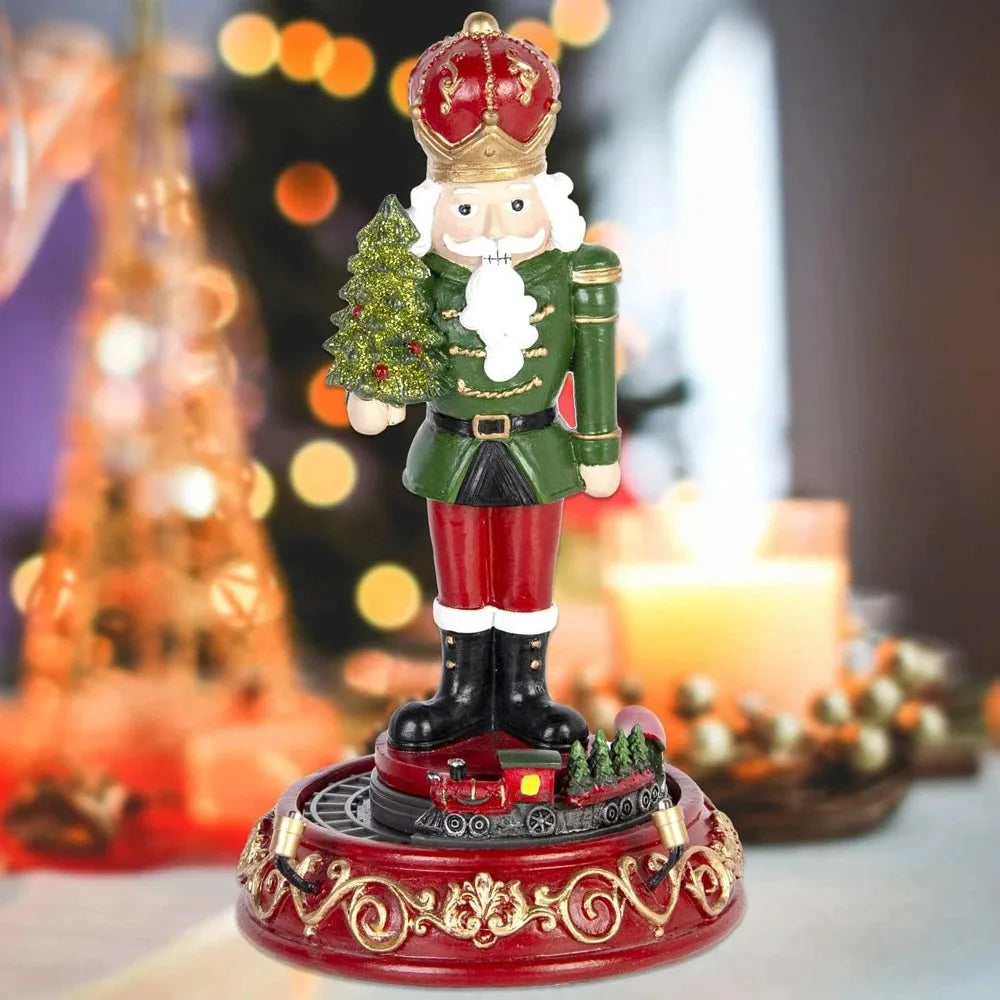 Nutcracker Muzical cu LED & Tren Rotativ – Figurina Decorativă Premium de Crăciun, 20 cm