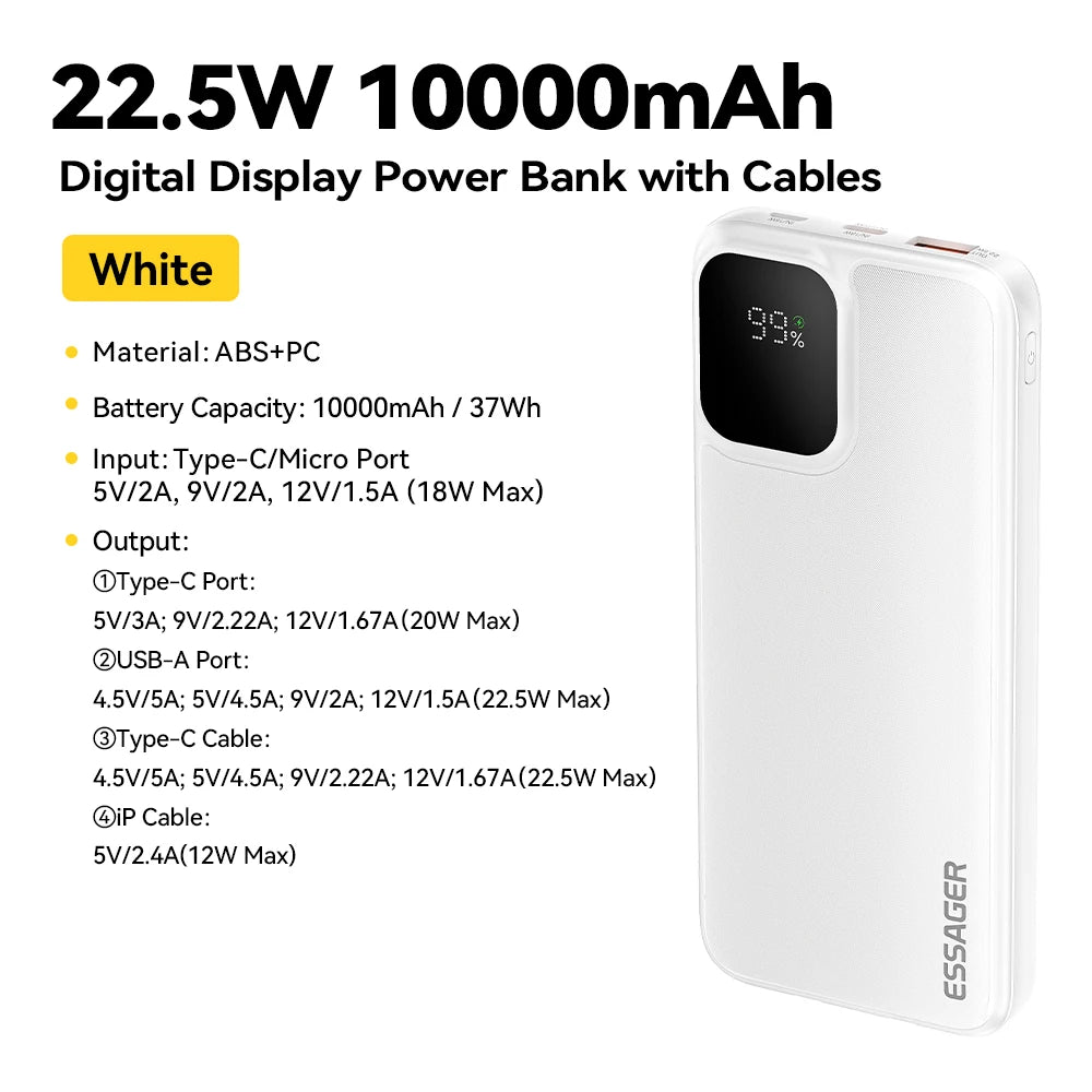 Power Bank ESSAGER 20000mAh, Fast Charging 22.5W, Display Digital, Cablu Dual Integrat, 4 Porturi