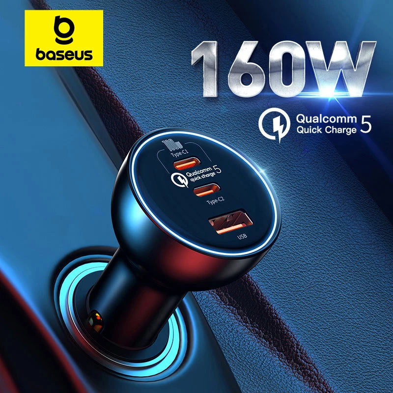 Încărcător Auto Baseus QC5 160W – Tehnologie Qualcomm Quick Charge 5, 3 Porturi (2xUSB-C + 1xUSB), Fast Charging Laptop & Smartphone