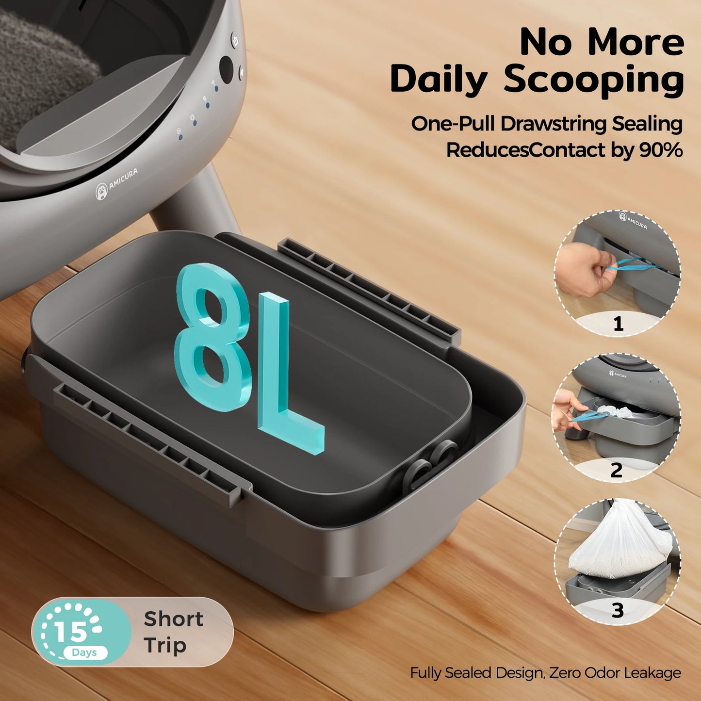 Litieră Automată Pisici Amicura Cura X1 – Smart, Auto-Curățare, Control prin App, Senzori de Siguranță, 60L Capacitate