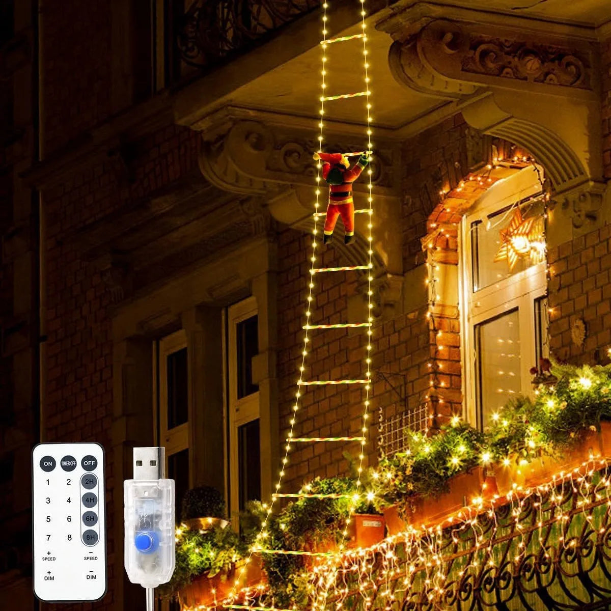 Scară Luminoasă LED cu Moș Crăciun – 1.5M / 3M – 8 Moduri Luminoase, Decor Exterior & Interior, USB Plug | Decorațiune Premium de Crăciun VIRALUX