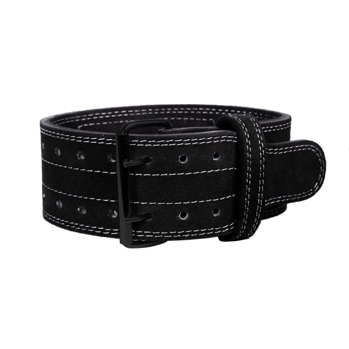 Centură fitness neagră din piele cu cusături duble și cataramă cu două prinderi